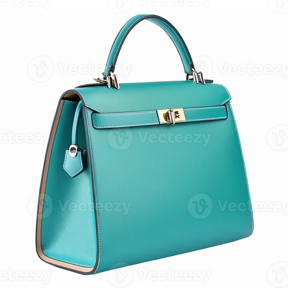 Elegant Turquoise Handbag with Gold Hardware and Classic Design on Transparent Background png