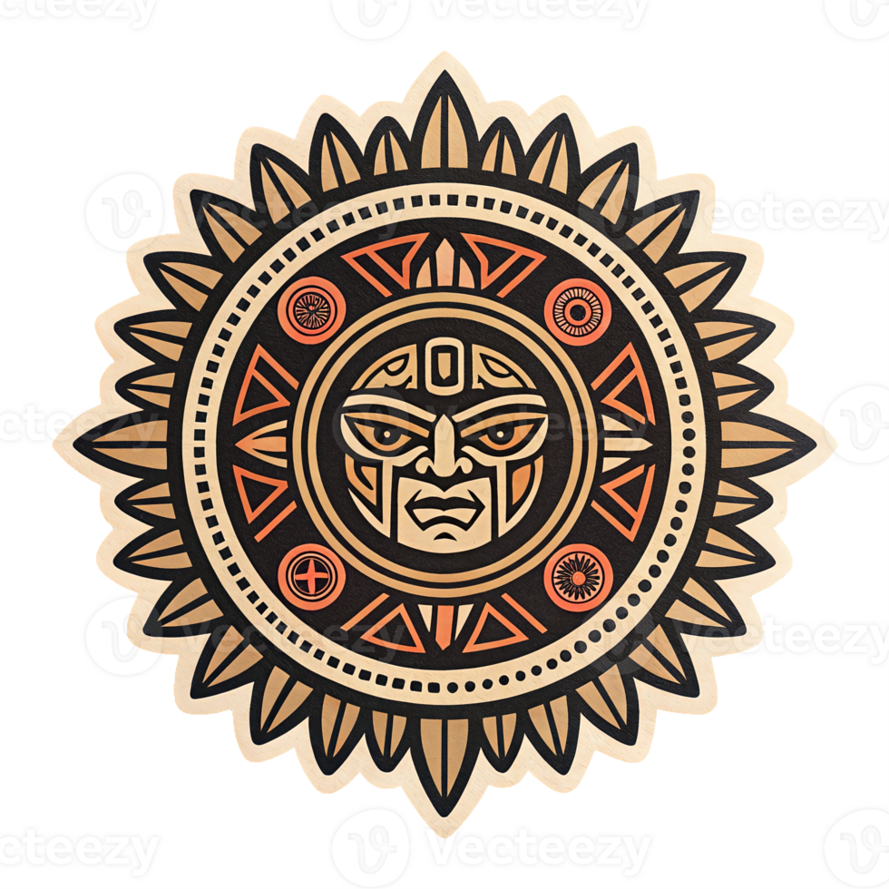 Intricate Tribal Sun Symbol with Face in Earth Tones for Cultural and Artistic Projects png