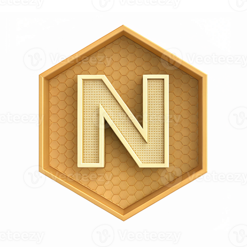 Hexagonal N Letter with Honeycomb Pattern in Golden Color Transparent Background png