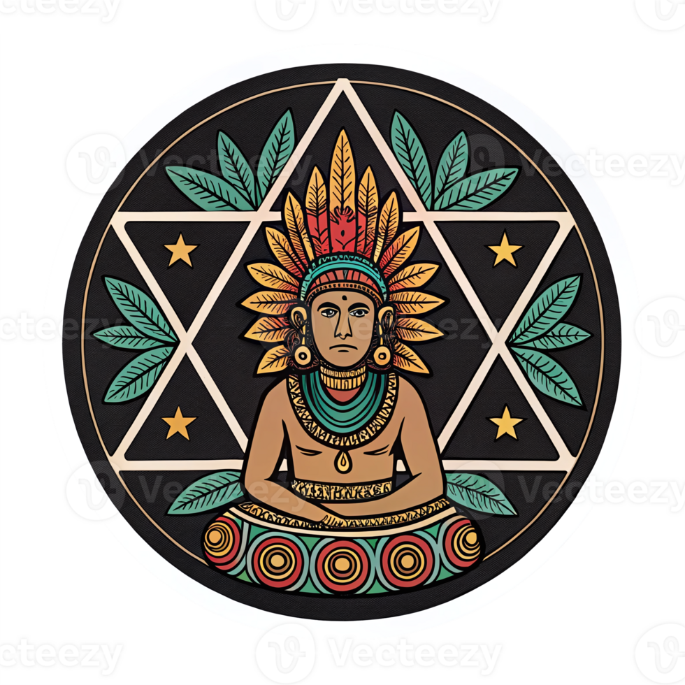 Aztec Warrior Meditation Design with Geometric Patterns and Leaf Elements on Transparent Background png