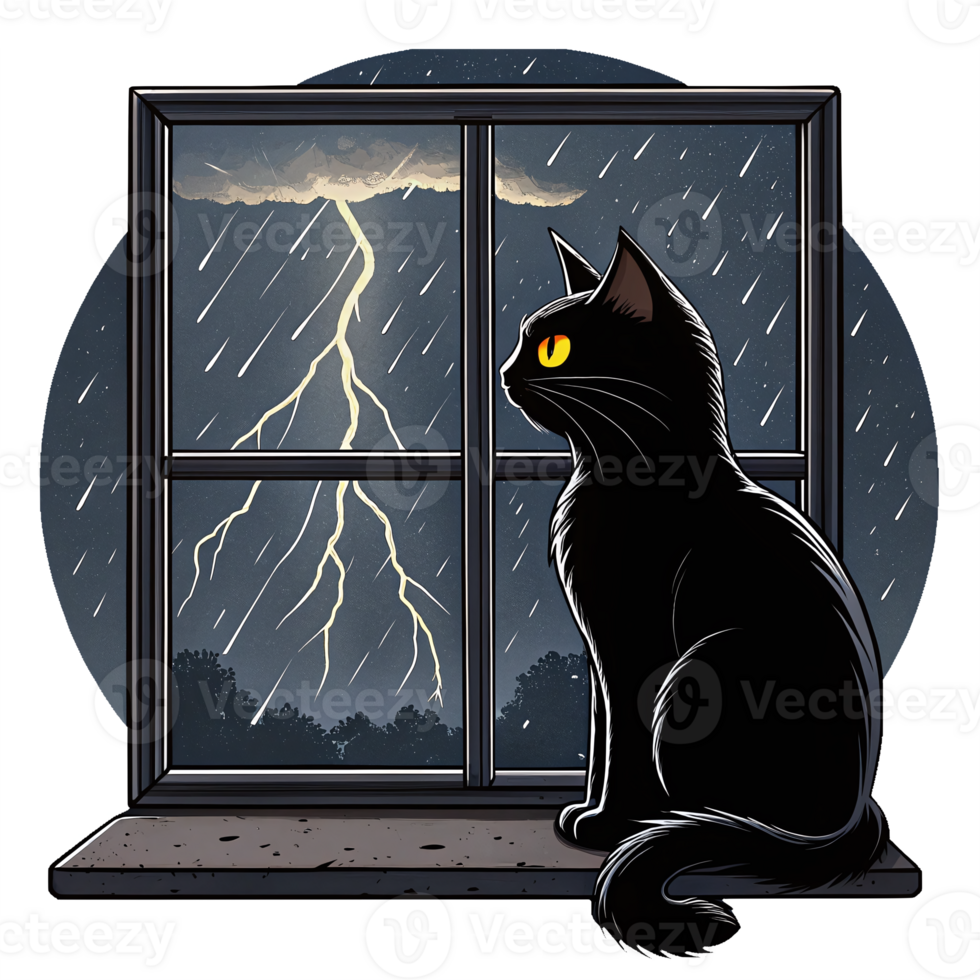Black Cat Gazing Out the Window During Thunderstorm with Lightning Strikes and Rainfall png