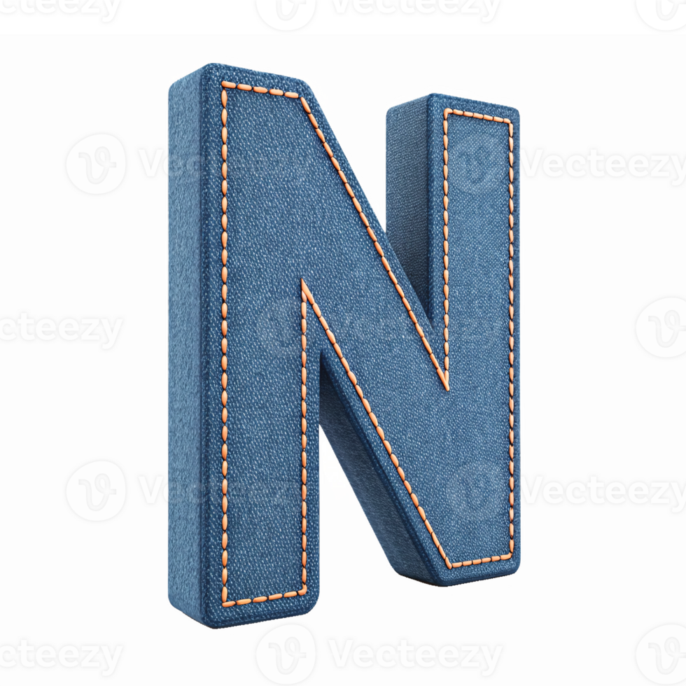 3D Letter N in Realistic Denim Texture with Stitching on Transparent Background png