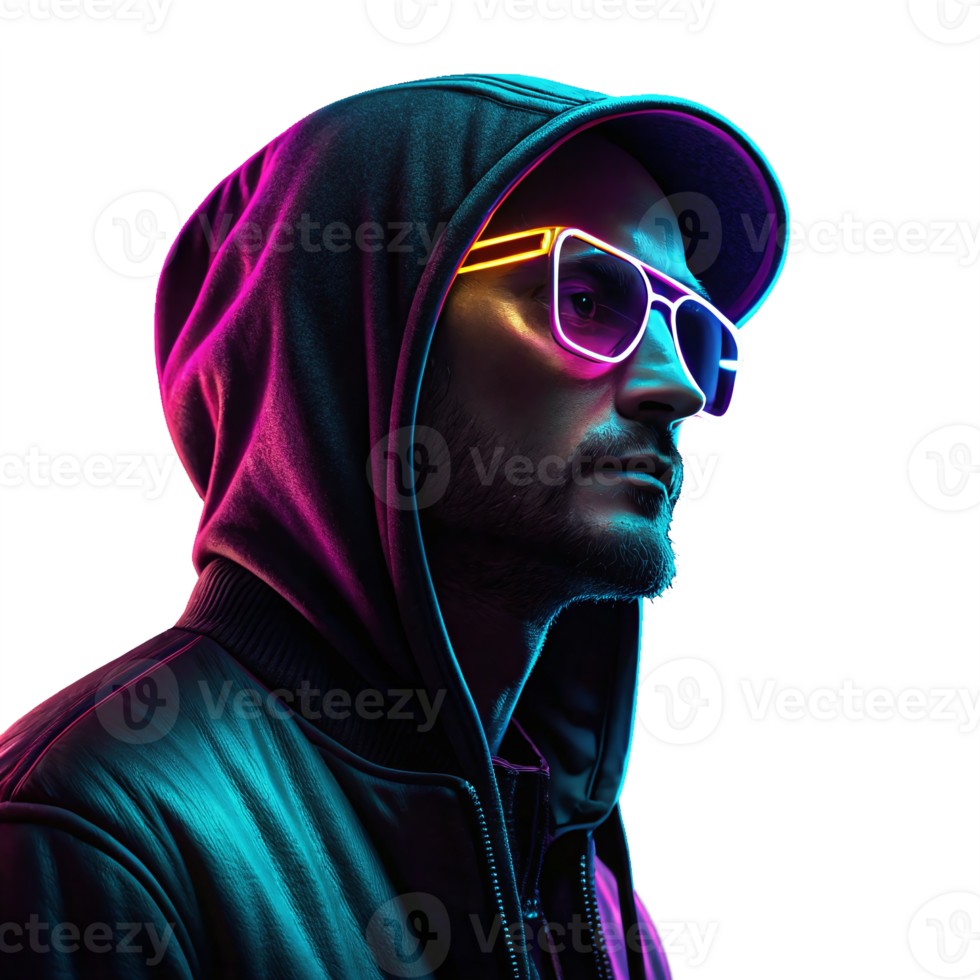 Neon Styled Male Portrait with Hoodie and Colorful Glasses on Transparent Background png