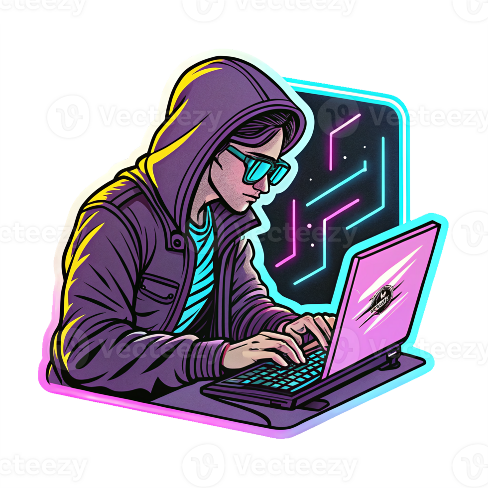 digital hacker dentro moletom com capuz usando computador portátil com néon fundo e transparente elementos png