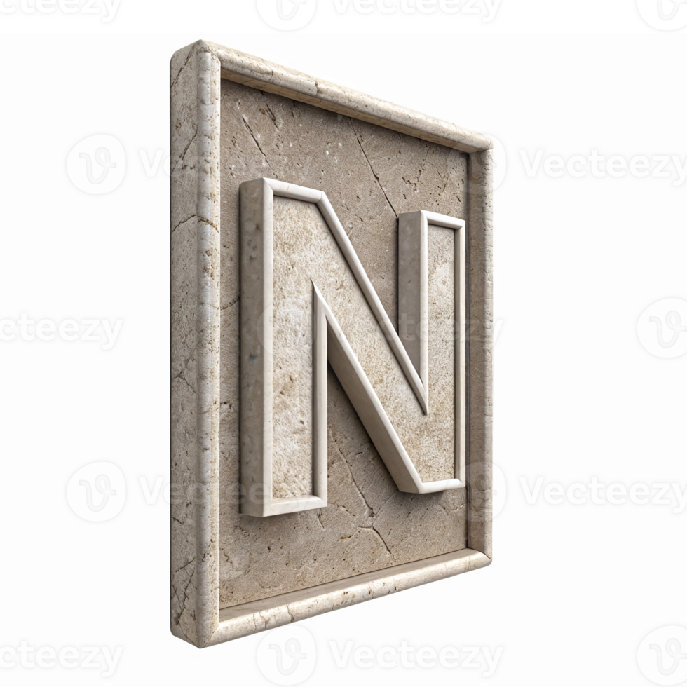 Stylized 3D Letter N in Stone Frame with Transparent Background for Modern Design Use png