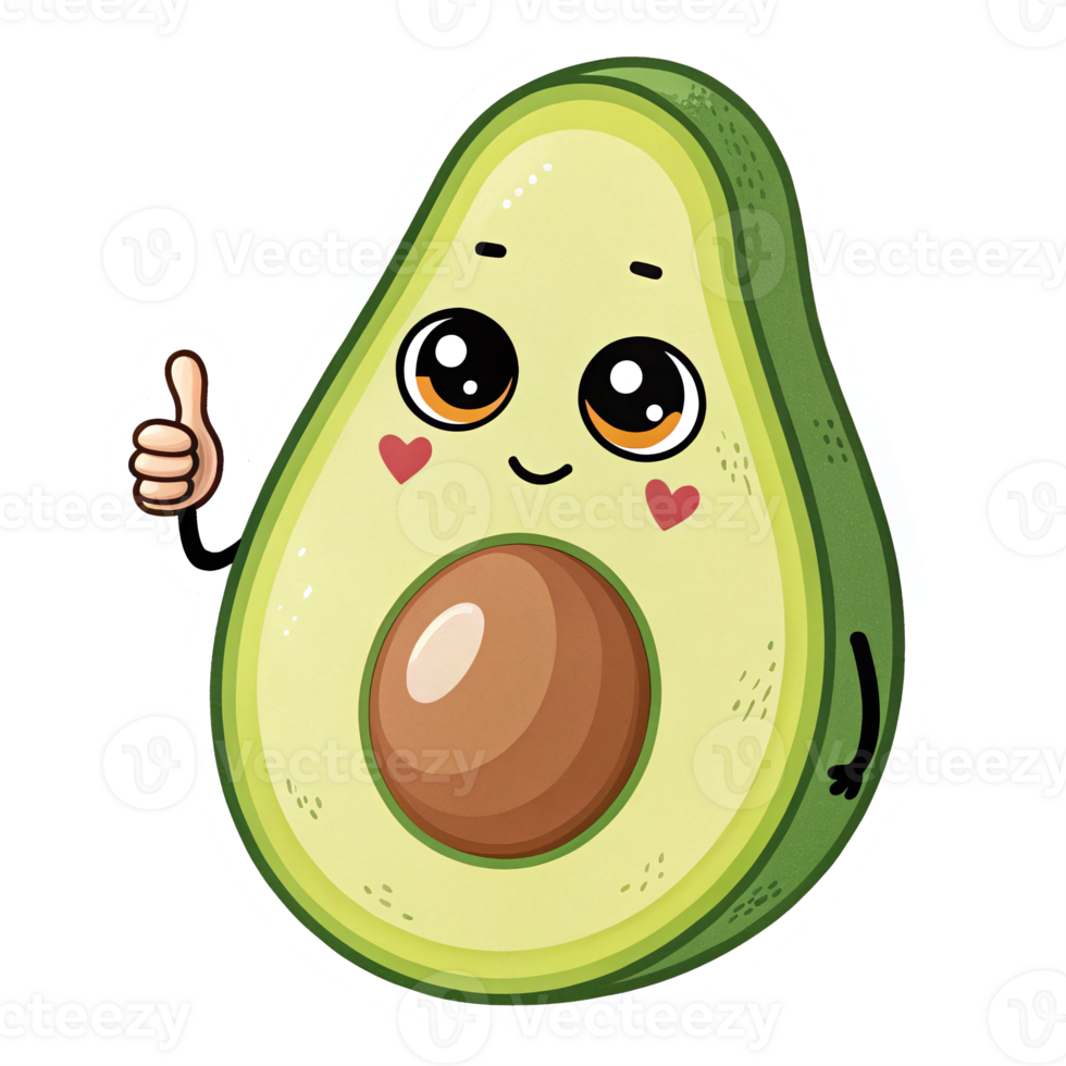 Cute Happy Avocado Character with Smile and Thumbs Up in Transparent Background png