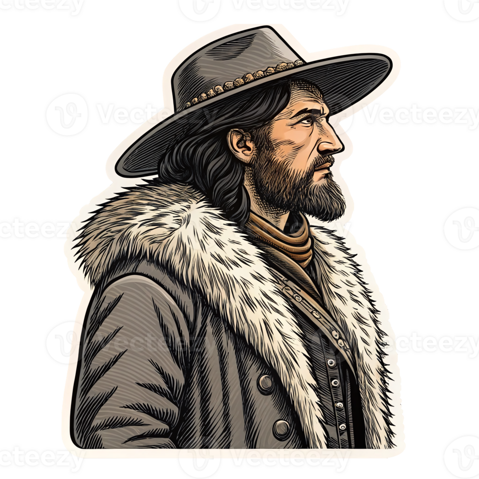 Detailed Illustration of a Cowboy in a Fur-Lined Coat with a Wide Brimmed Hat on Transparent Background png