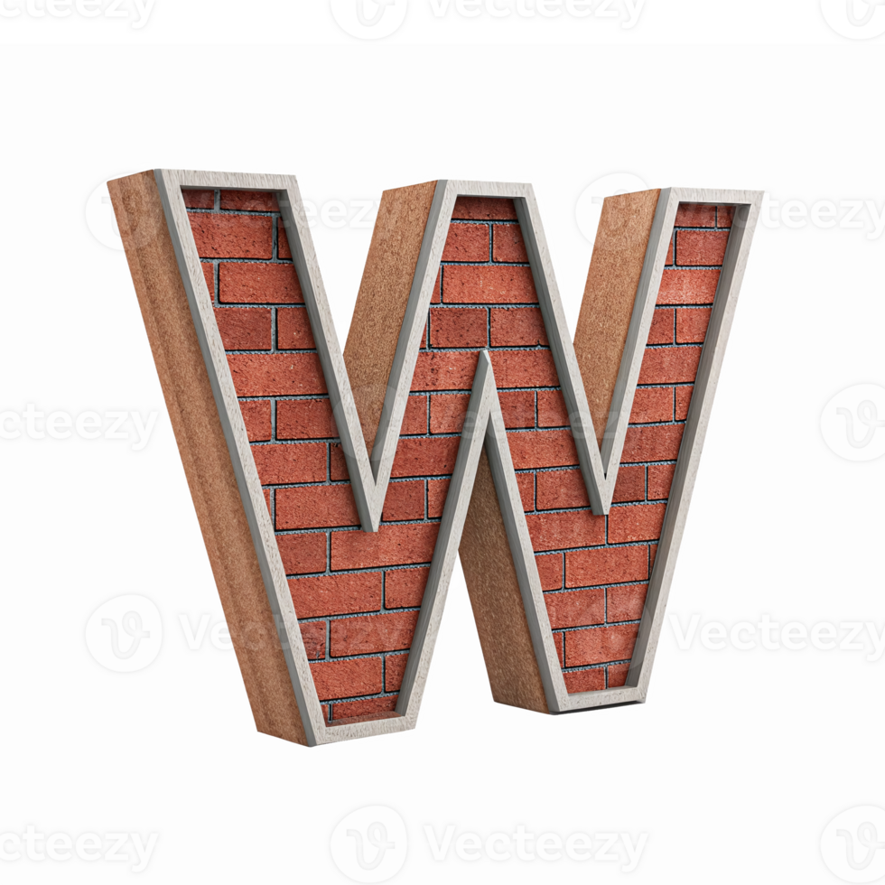 Three Dimensional Red Brick Letter W with Wooden and Silver Accents and Transparent Background png