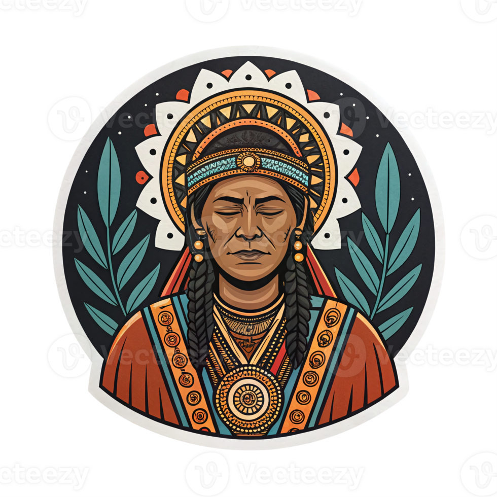 Indigenous American Woman in Traditional Attire with Leaf Elements and Intricate Patterns png