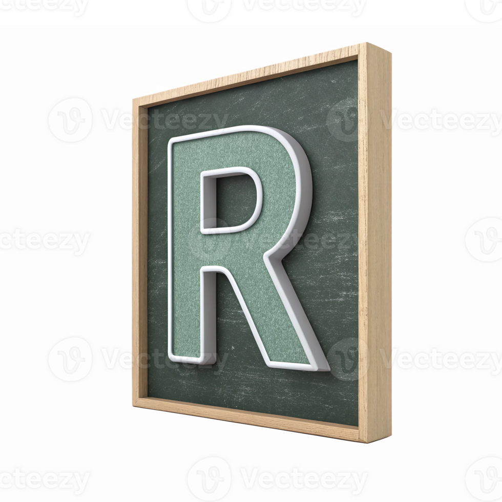 Stylish 3D Letter R on Chalkboard with Wooden Frame for Educational and Creative Designs png