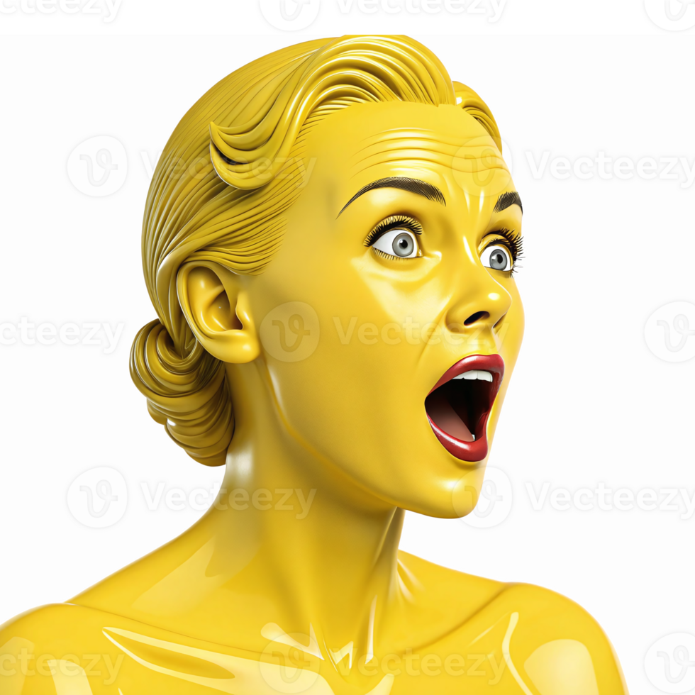 Surprised Woman with Bright Yellow Skin and Open Mouth Expression on Transparent Background png
