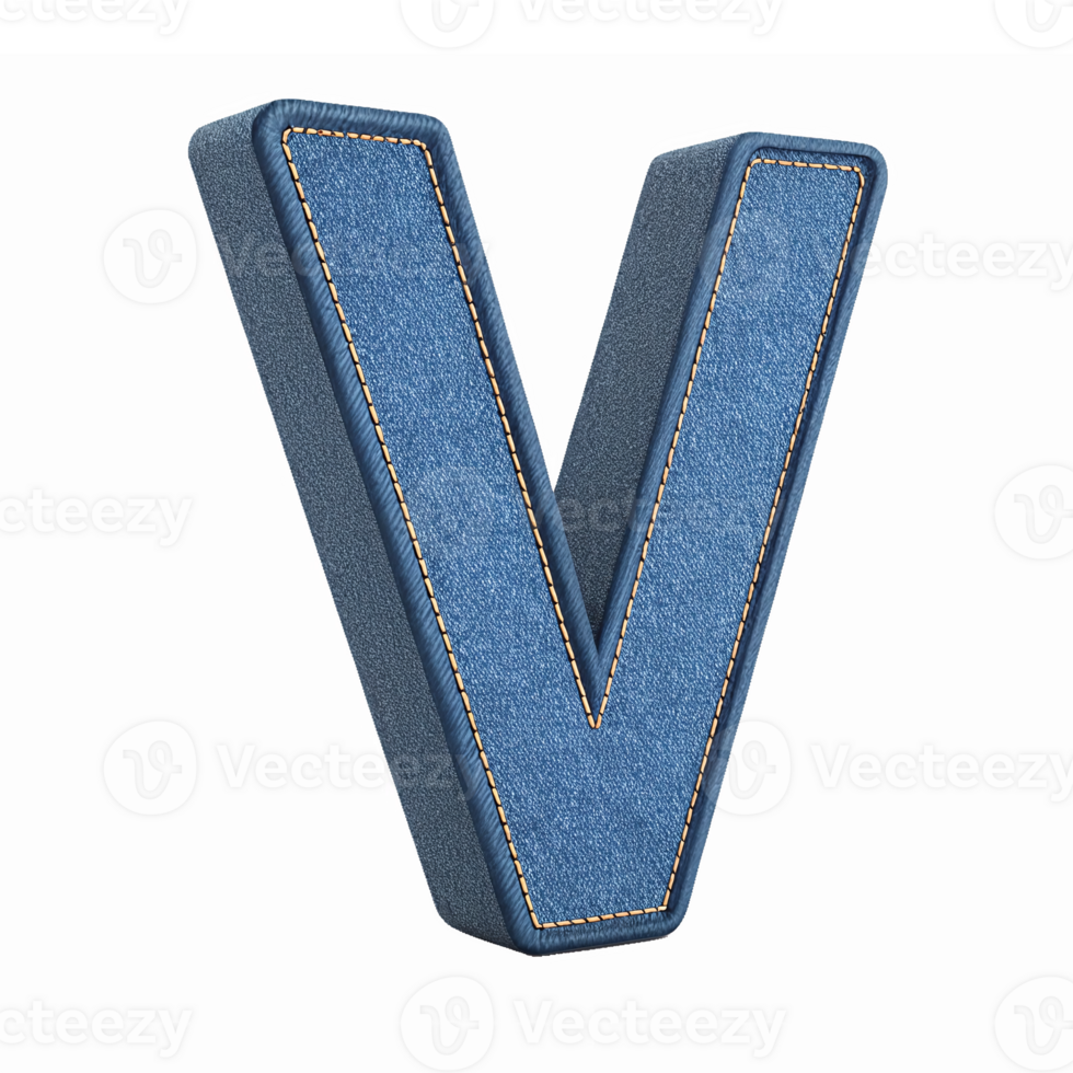 3D Letter V in Denim Texture with Stitching Design on Transparent Background png