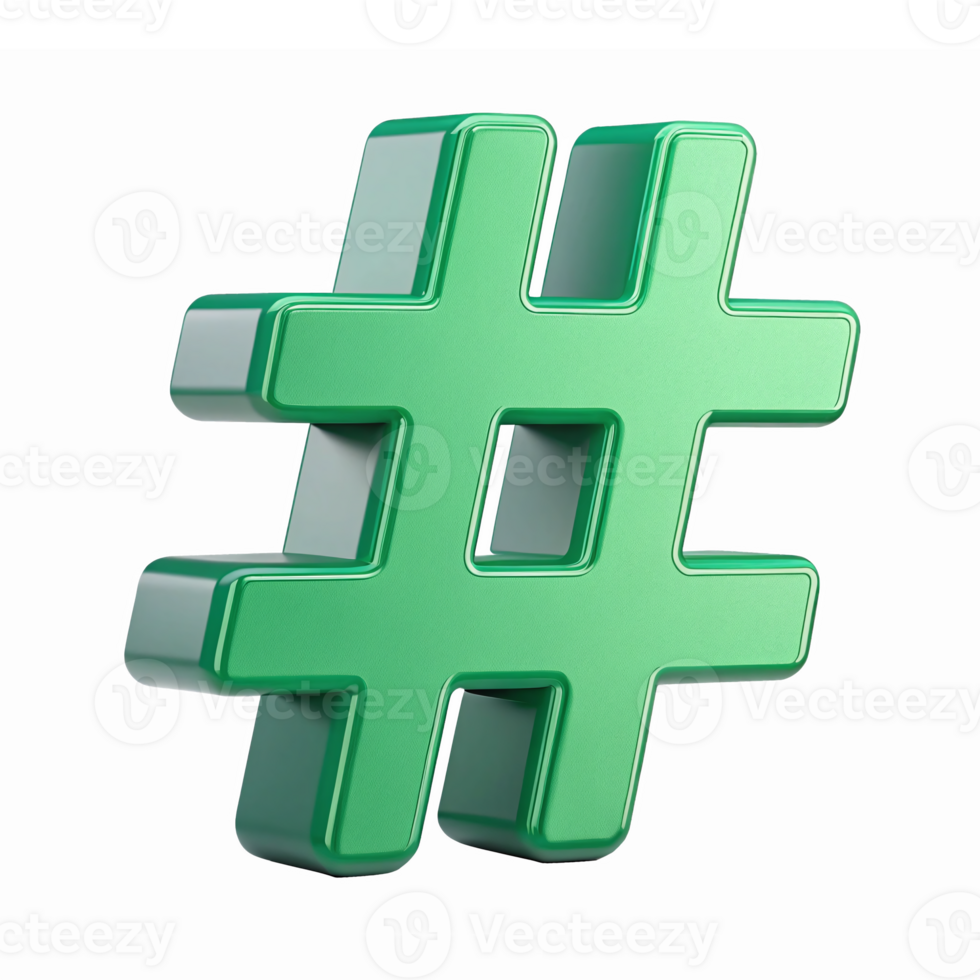 Green 3D Hashtag Symbol with Glossy Finish on Transparent Background png