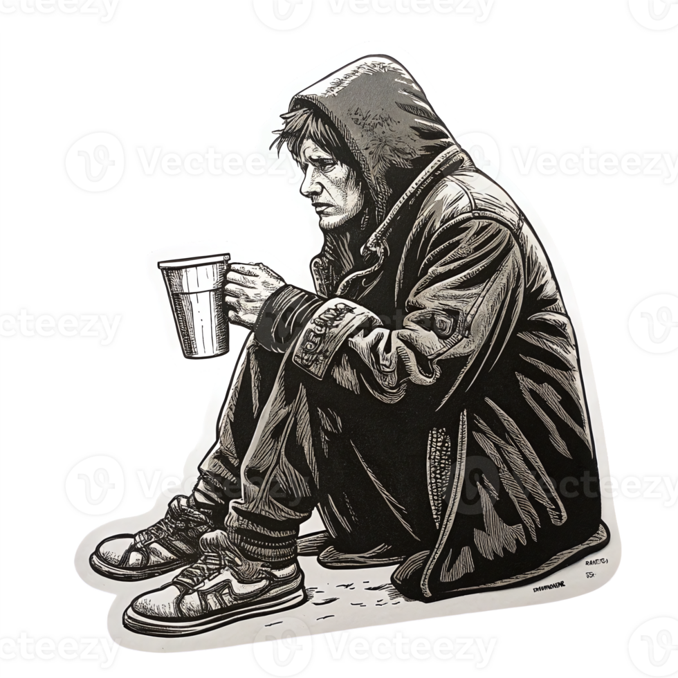 Homeless Person Sitting with Cup in Hands Depicting Struggles and Resilience on Transparent Background png