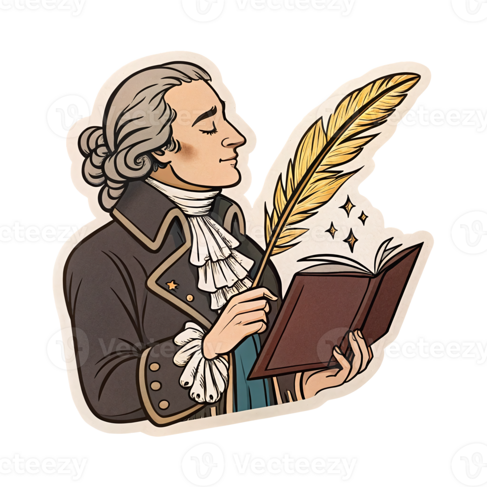 Enlightenment Scholar Holding Quill and Book with Magical Sparks on Transparent Background png