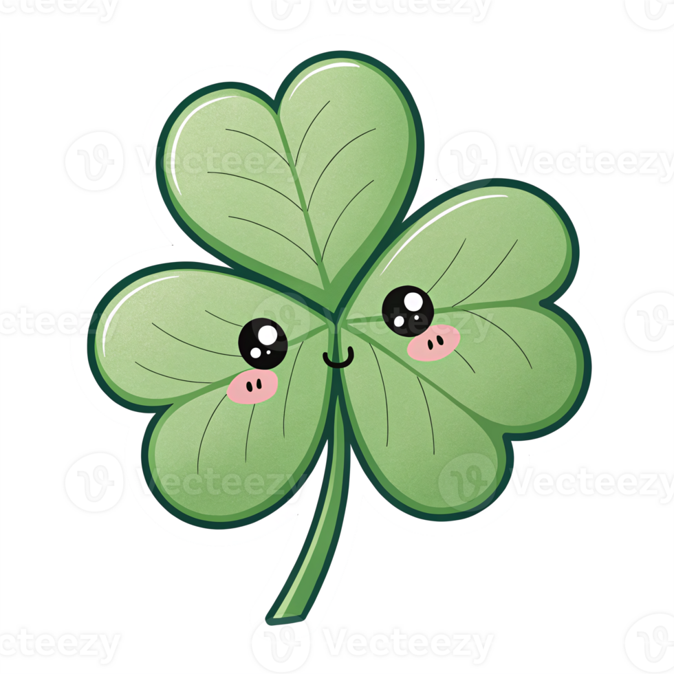 Cute Smiling Four Leaf Clover Character with a Transparent Background for St Patricks Day Decor png