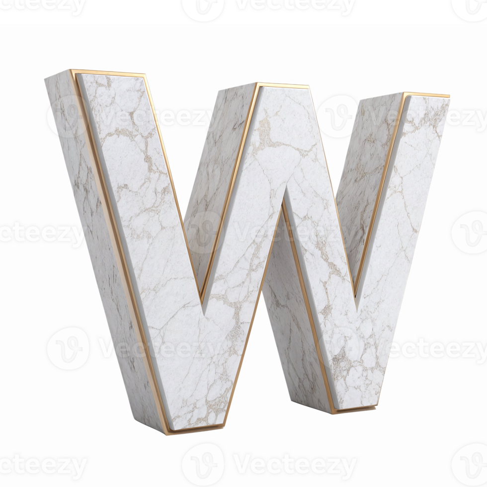 Elegant 3D Marble Letter W with Gold Accents on Transparent Background png