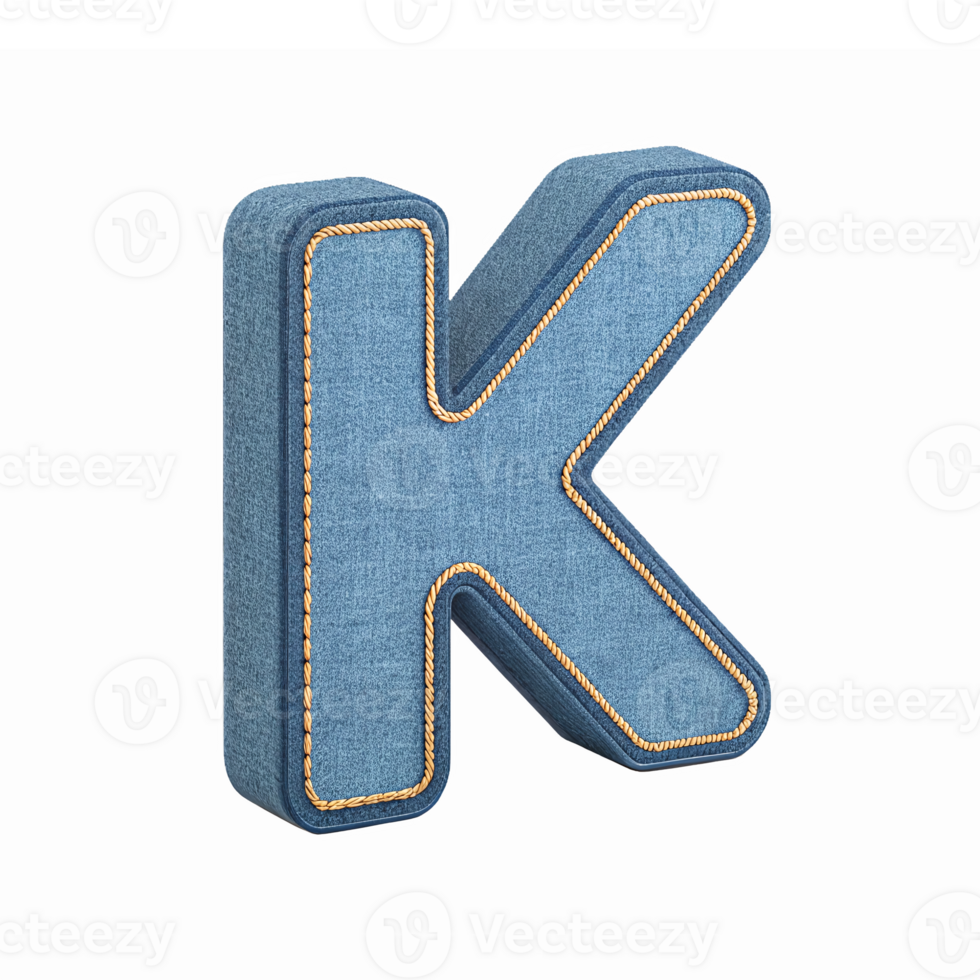 Stylish 3D Denim Letter K with Sewn Edges on Transparent Background for Modern Typography Design png