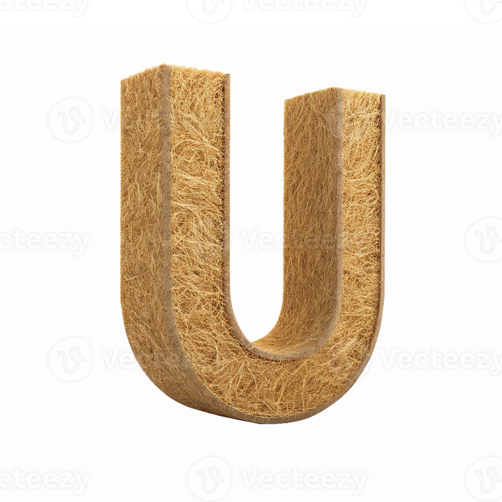 3D Textured Letter U Made of Natural Coconut Fiber with Organic Appearance on Transparent Background png