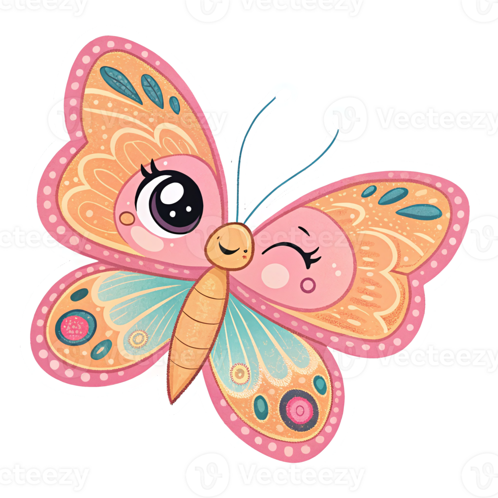 Whimsical Colorful Butterfly Illustration with Smiling Expressions on Transparent Background png