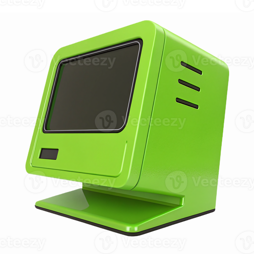 Bright Green Retro Computer Monitor with Transparent Background for Digital Design Projects png