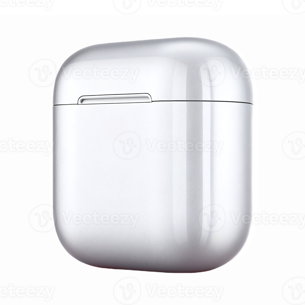 Sleek Silver Wireless Earbud Charging Case with Glossy Finish and Transparent Background png