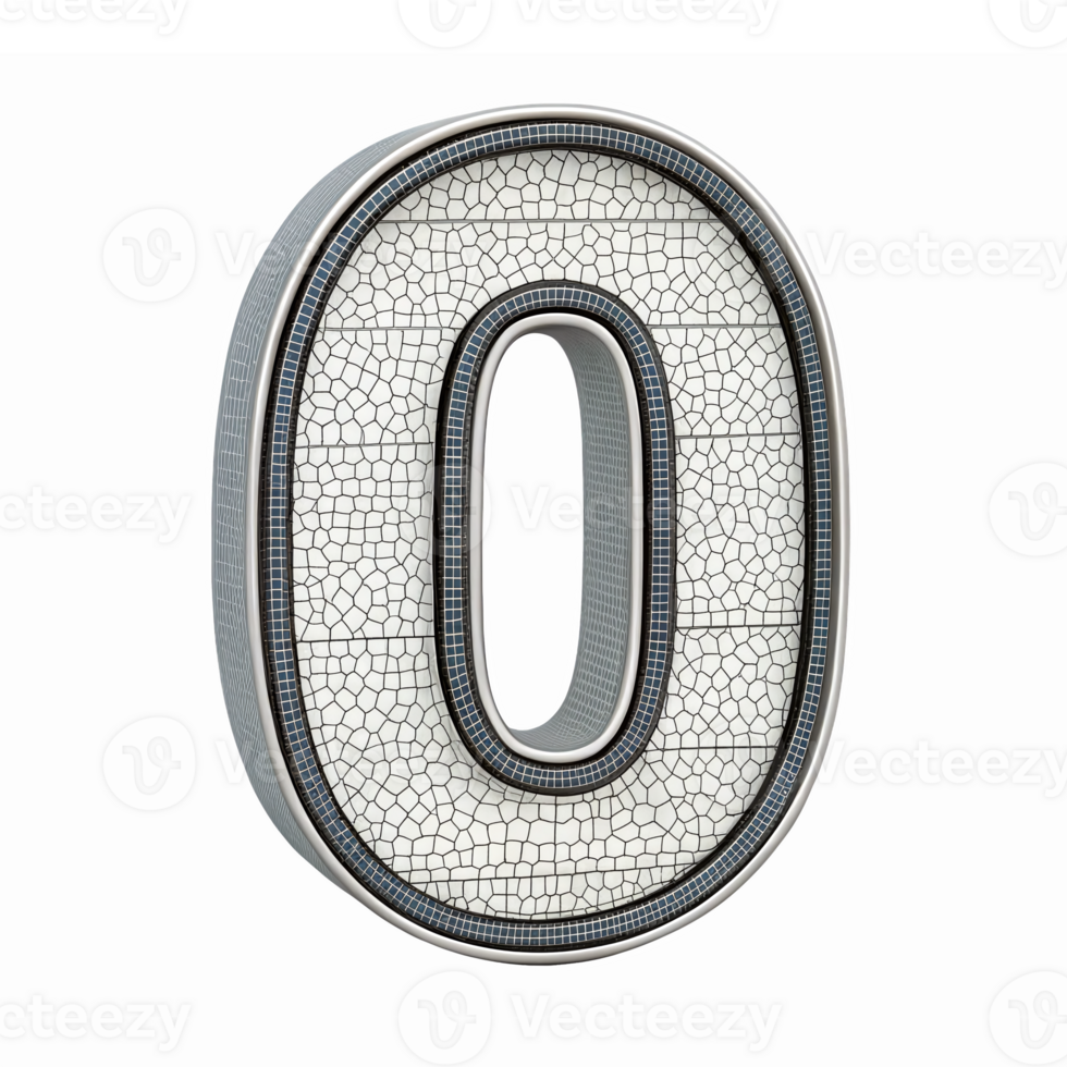 Three Dimensional Decorative Number Zero with Mosaic Texture on Transparent Background png