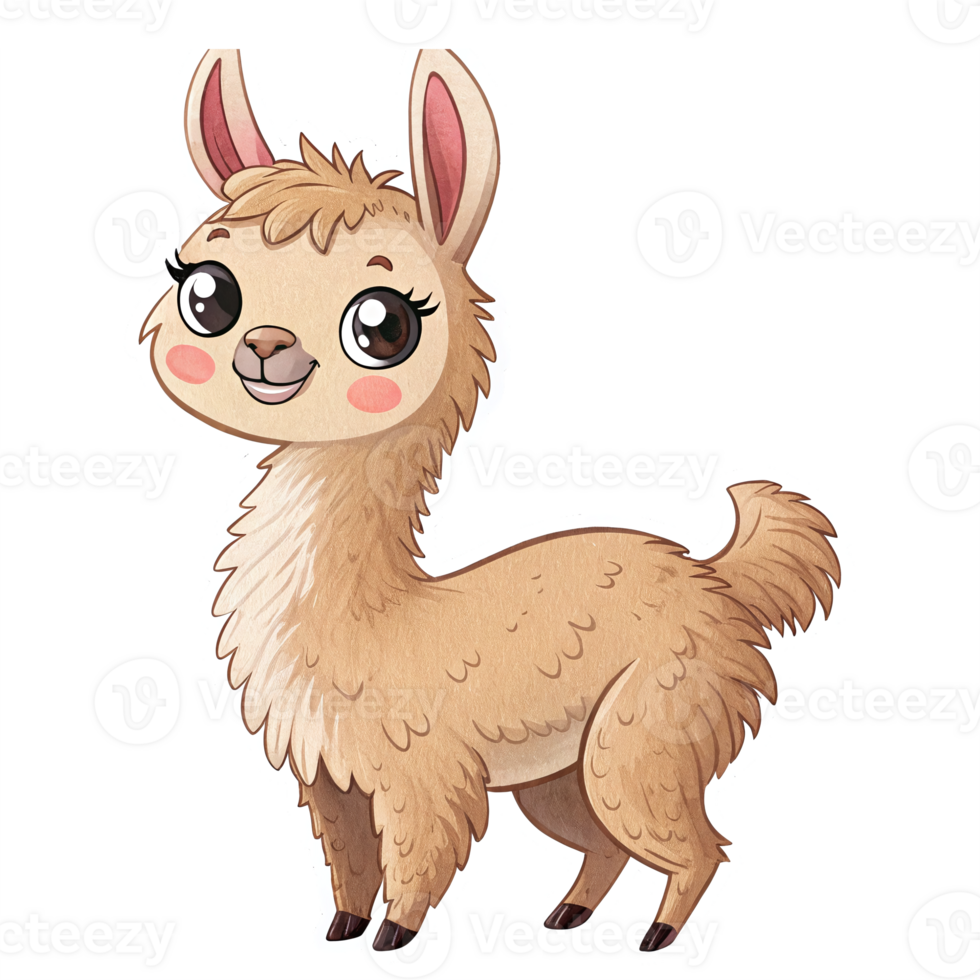Cute Cartoon Llama Character with Fluffy Fur and Playful Expression on Transparent Background png