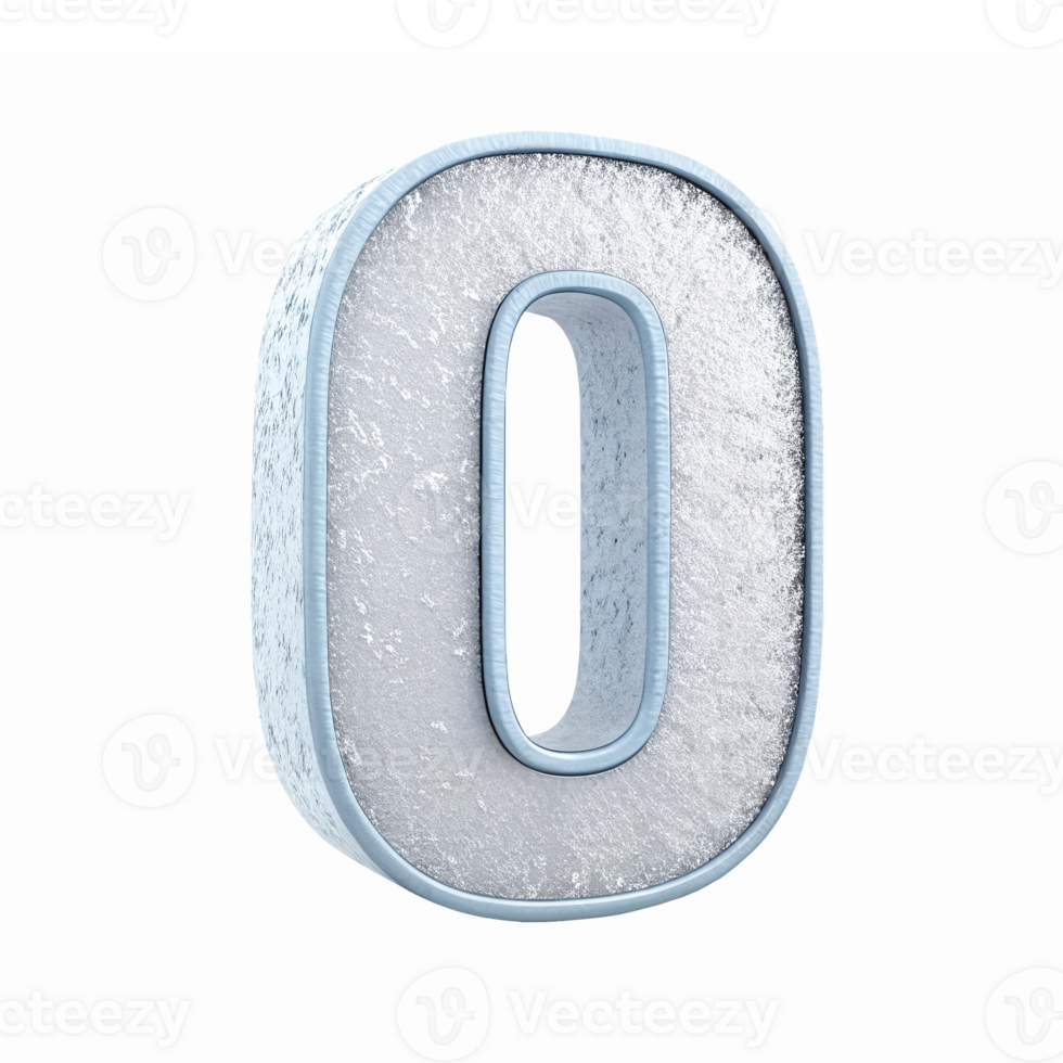 Three Dimensional Snow Textured Number Zero on Transparent Background png