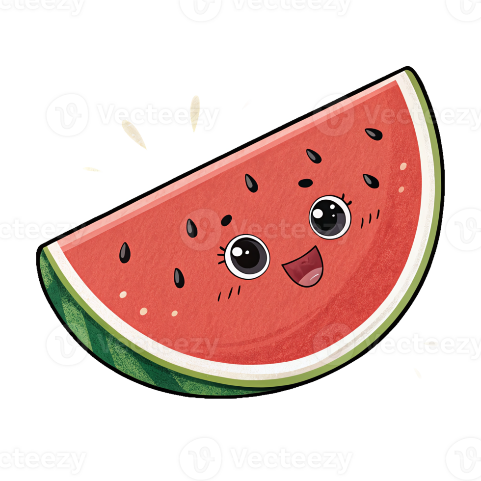 Cute Cartoon Watermelon Slice with Smiling Face and Funny Expression on Transparent Background png
