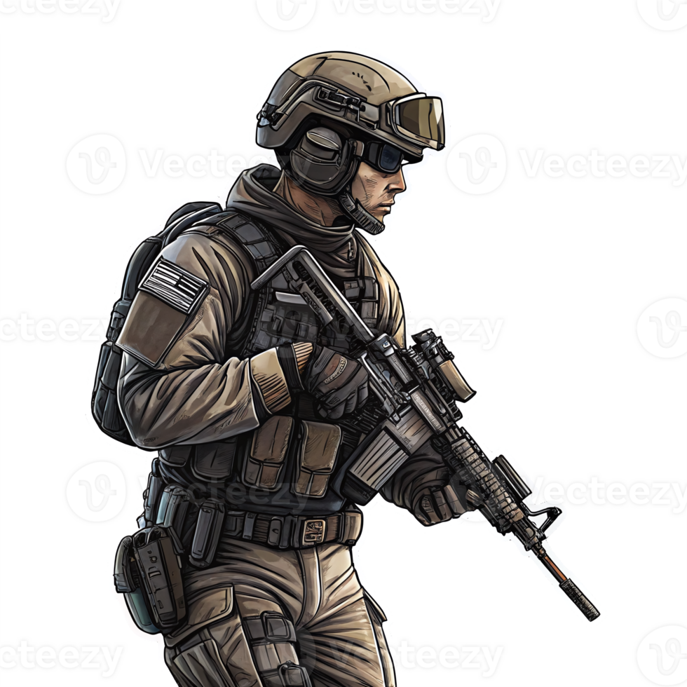 Military Soldier in Tactical Gear Preparing for Action with Firearm png