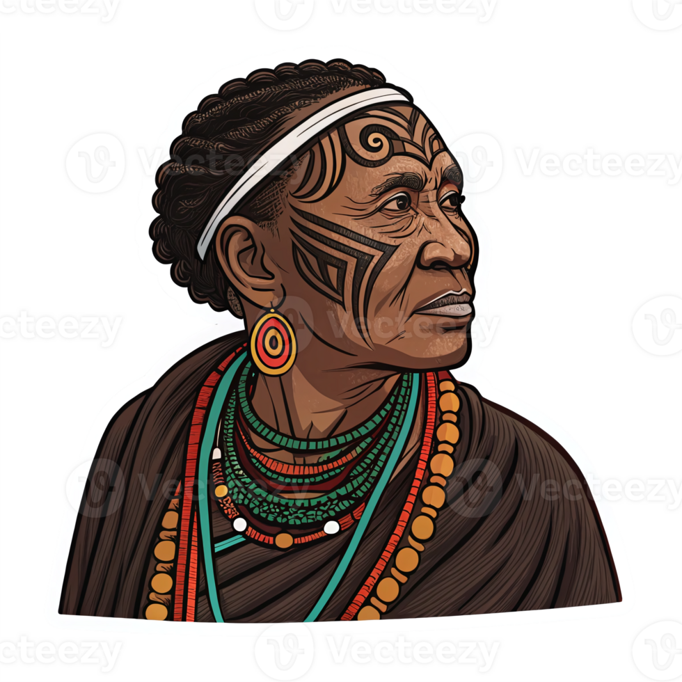 Indigenous Woman Portrait with Traditional Jewelry and Tribal Patterns on a Transparent Background png