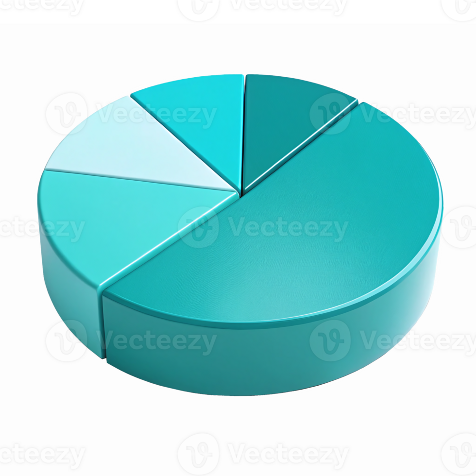 3D Pie Chart with Teal Segments on Transparent Background for Data Visualization png
