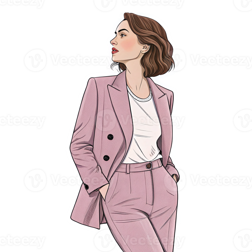 Elegant Woman in Stylish Pink Suit with Short Hair and Confident Pose on Transparent Background png