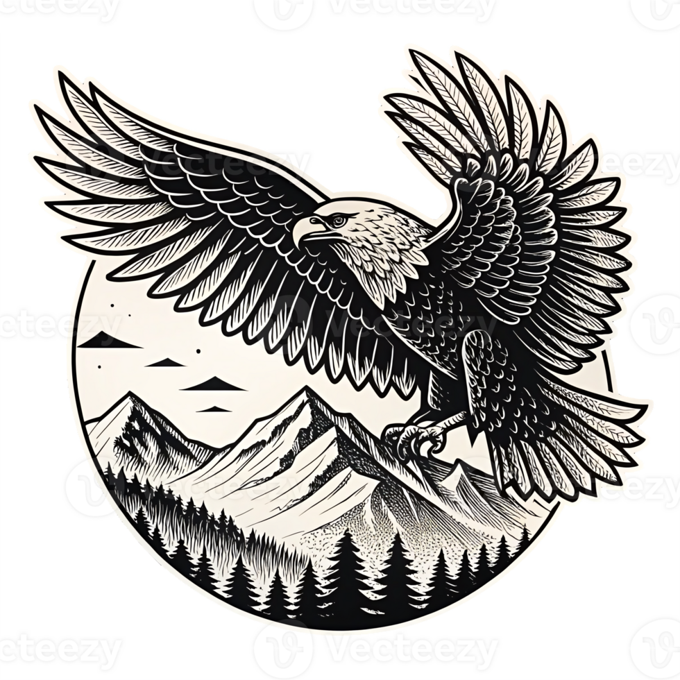 Eagle Soaring Over Majestic Mountain Landscape with Pine Forest in Vintage Black and White Style png