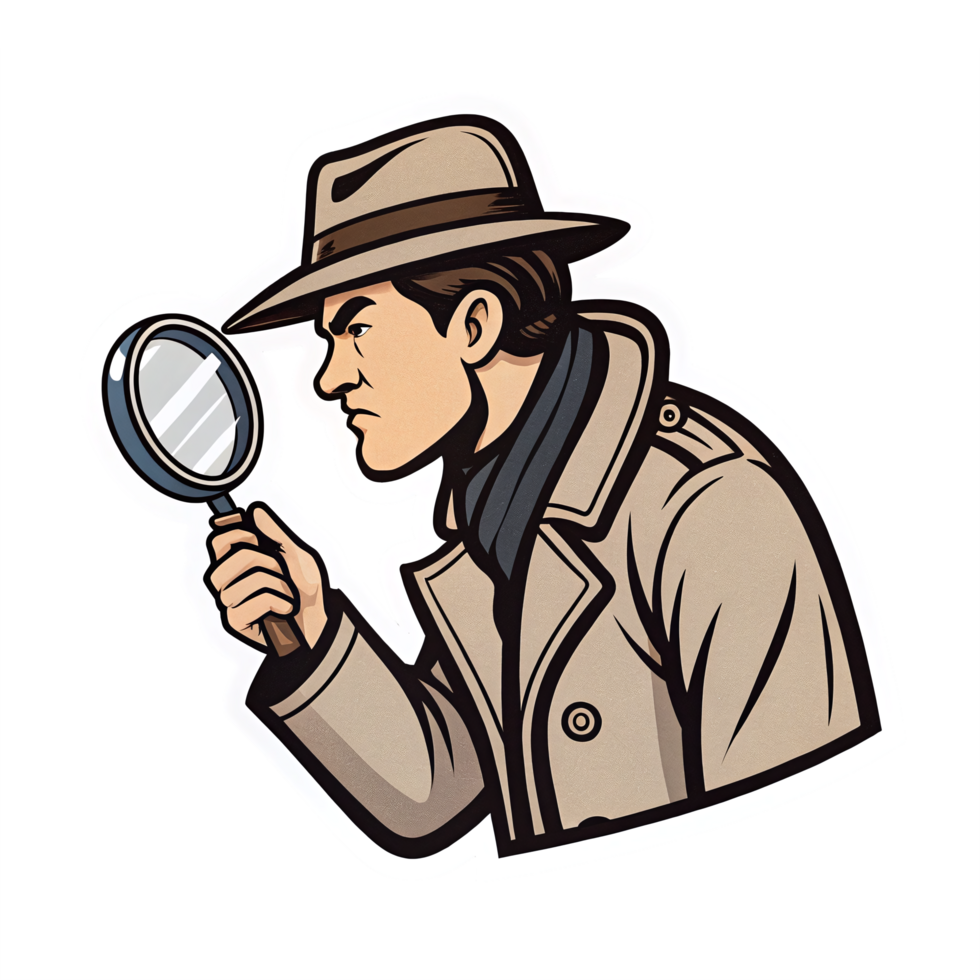 Detective in Trench Coat Examining Clue with Magnifying Glass in Transparent Background png