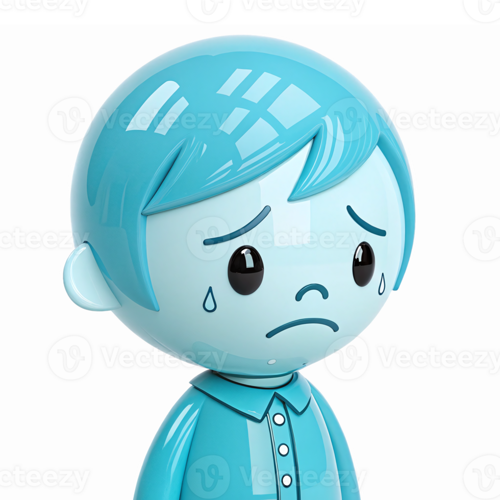 Sad Blue Boy Character with Tears Expressing Emotion on Transparent Background png