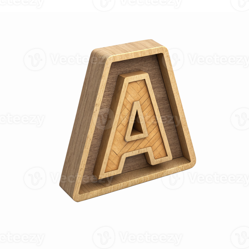 Three Dimensional Wooden Letter A with Intricate Design on Transparent Background png
