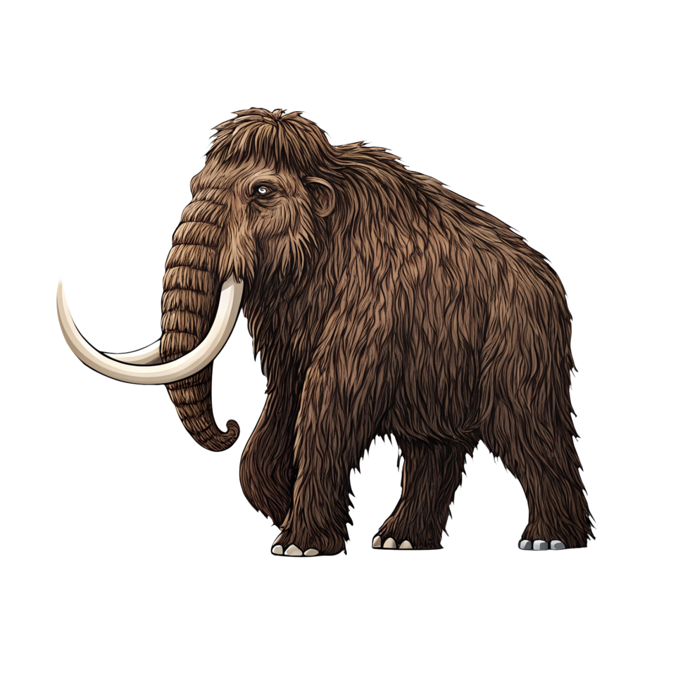 Realistic Brown Mammoth Illustration with Detailed Fur and Curved Tusks on Transparent Background png