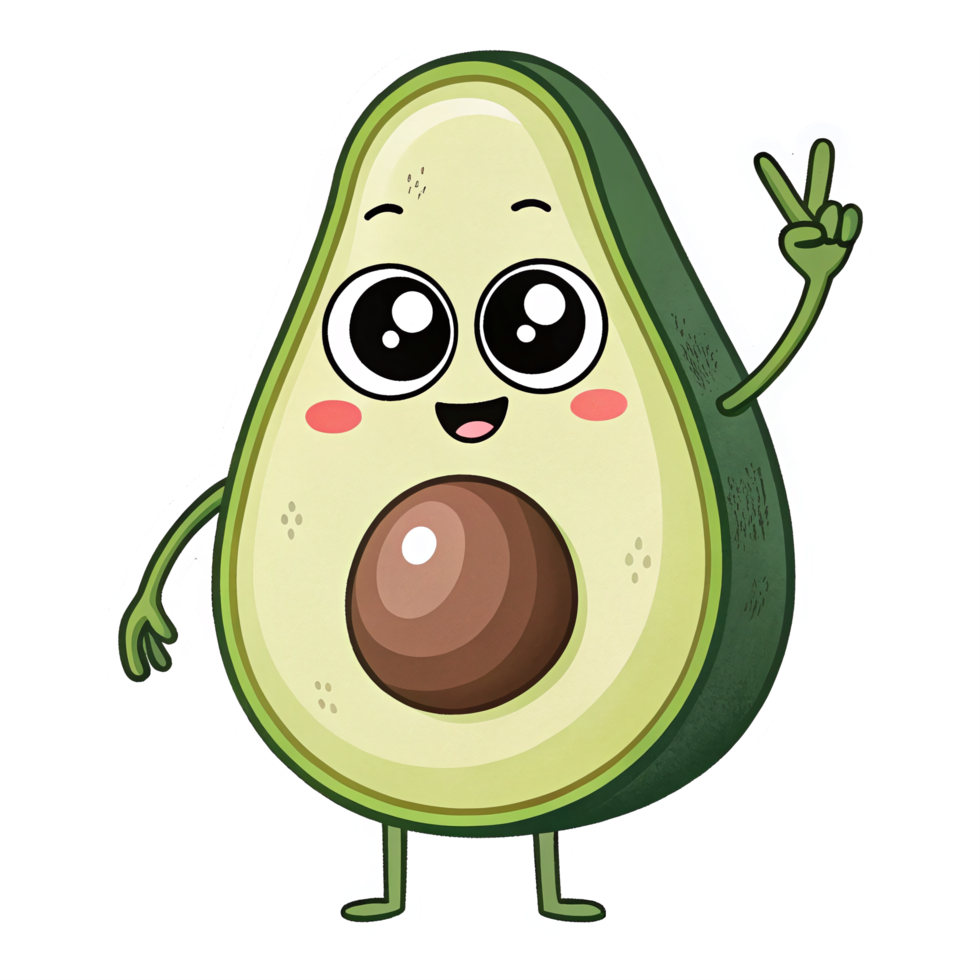 Cheerful Cartoon Avocado Character with Peace Sign on Transparent Background for Fun Graphics png