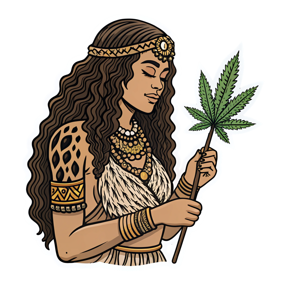 Elegant Woman Holding Cannabis Leaf with Traditional Attire and Accessories png