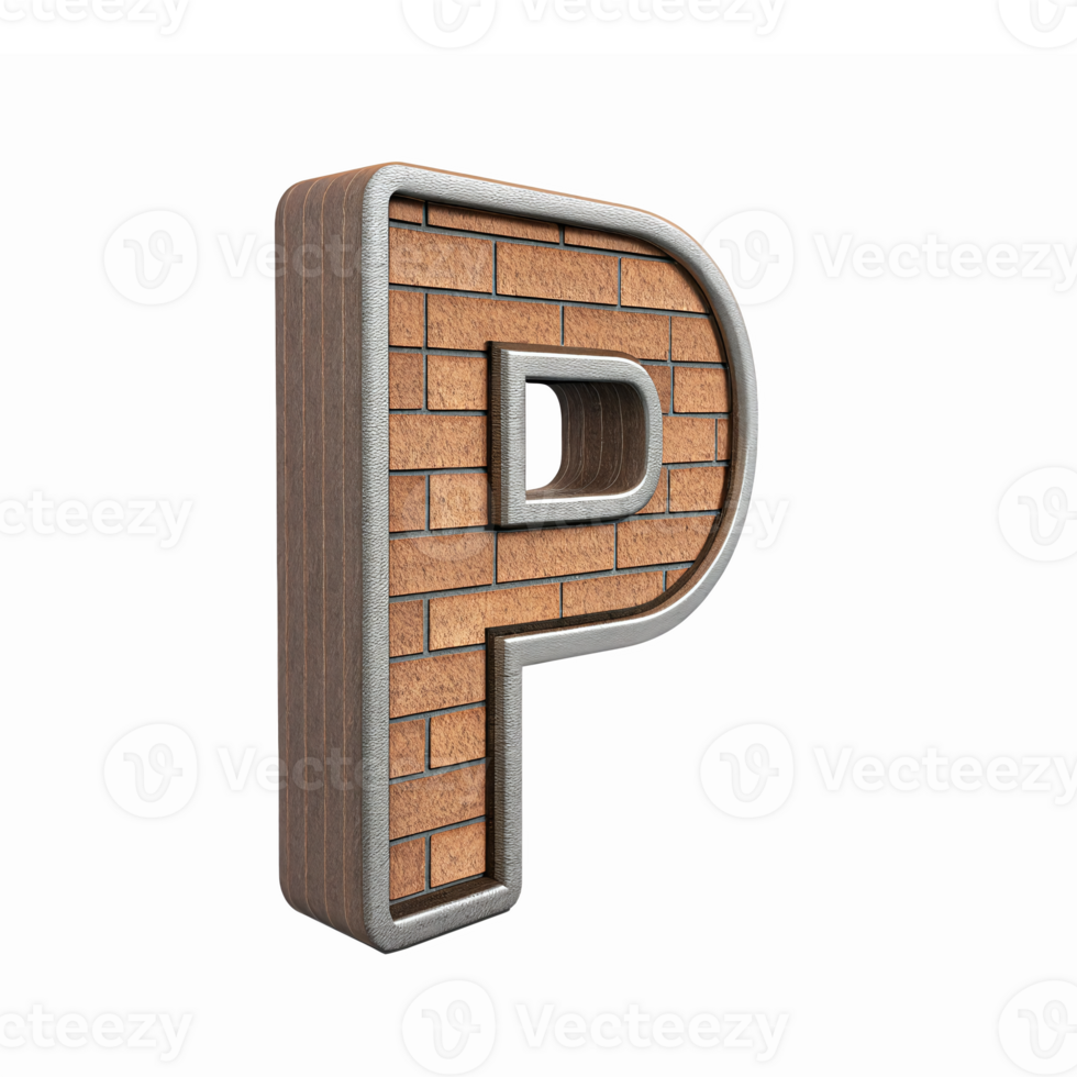 3D Textured Letter P with Brick Pattern in Rich Brown Color on Transparent Background png
