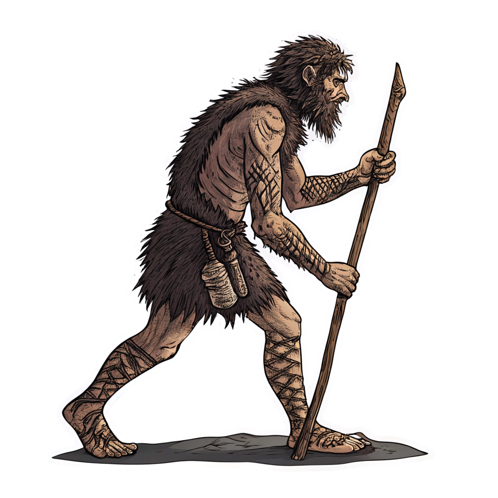 Caveman Walking with Stick Detailed Illustration on Transparent Background png