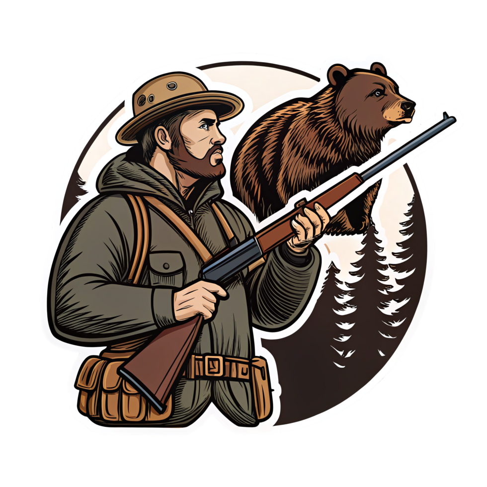 Hunter with Rifle and Bear in Forest Art for Outdoor Enthusiasts png