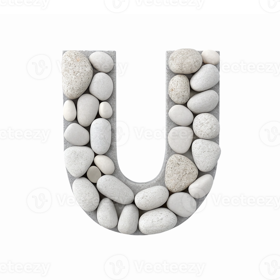 Three Dimensional Letter U Filled with Smooth White Stones on Transparent Background png