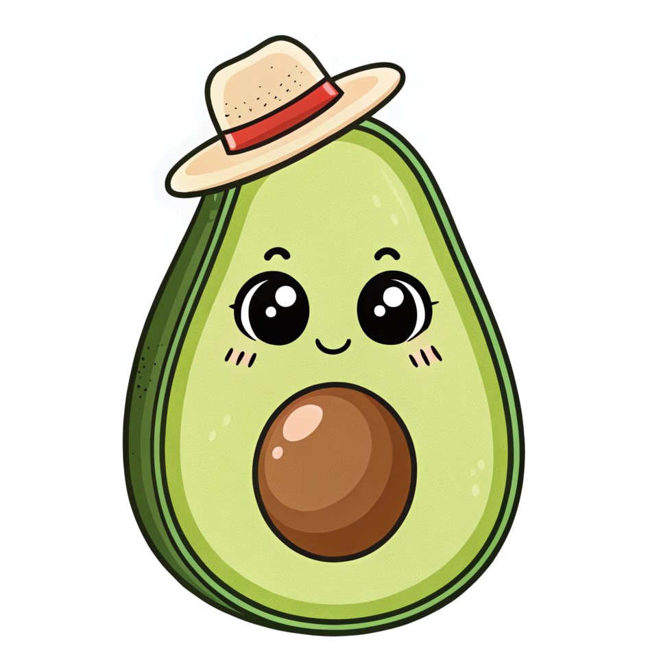 Cute Cartoon Avocado Character Wearing a Hat with Big Eyes and Smiling Expression png