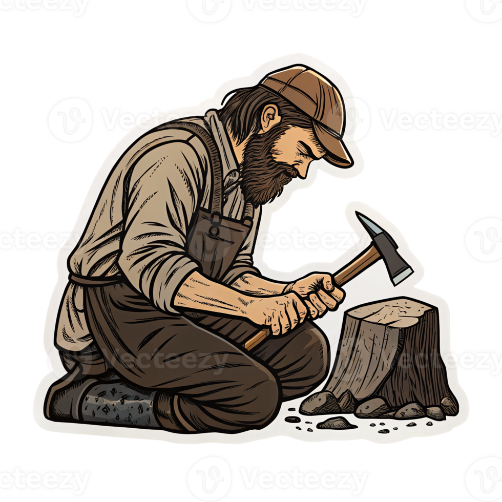 Man Chopping Wood with Hammer Retro Style Illustration on Transparent Background png