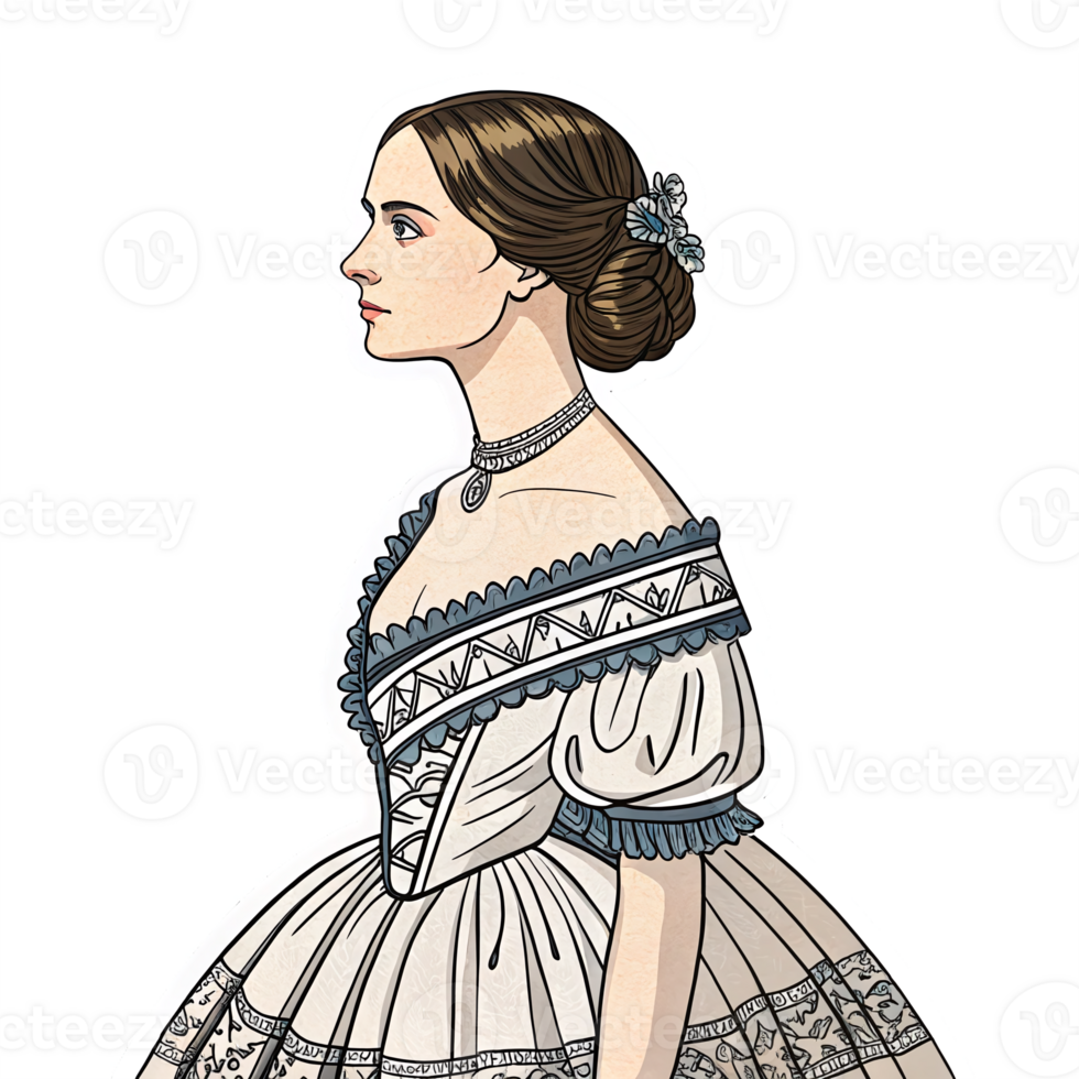 Elegant Victorian Woman Profile in Historical Dress with Floral Accents and Detailed Embroidery png