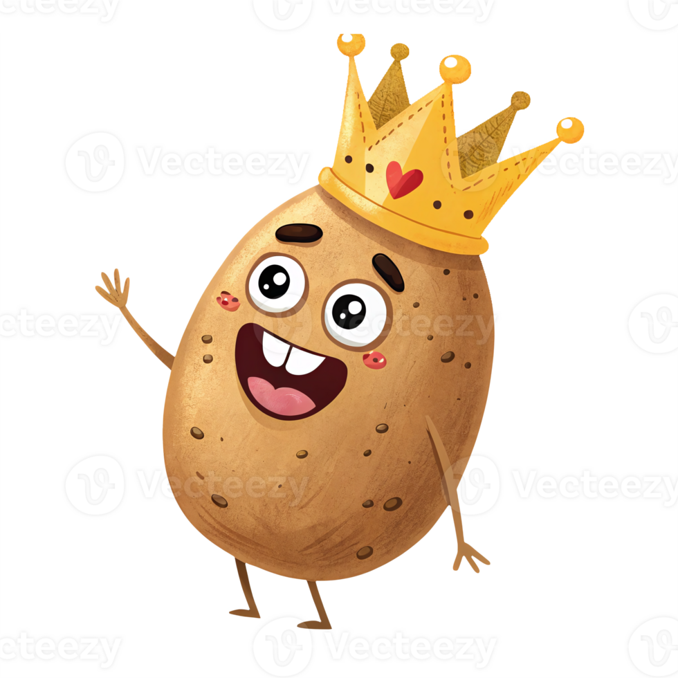 Cheerful Cartoon Potato King Character with Crown and Happy Expression on Transparent Background png