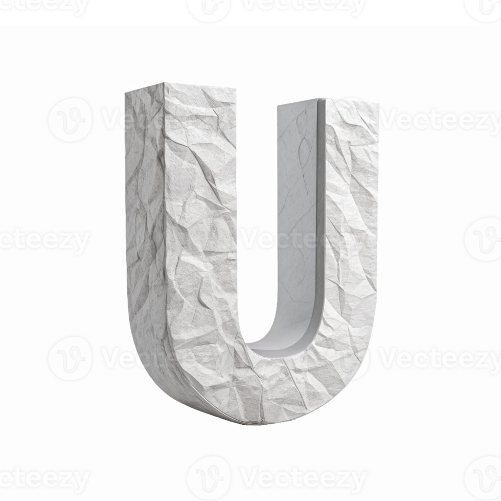 Elegant Crumpled Paper Letter U in 3D with Transparent Background for Stylish Typography Designs png
